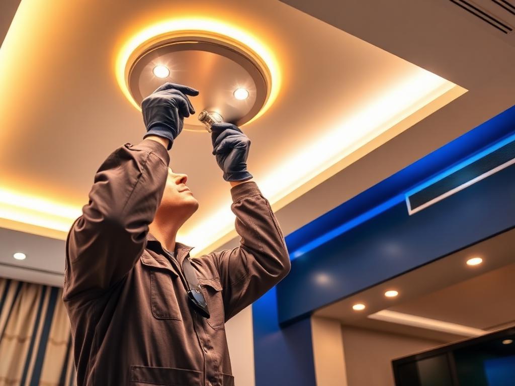 INZOONE electrician installing LED ceiling lights in a Dubai apartment